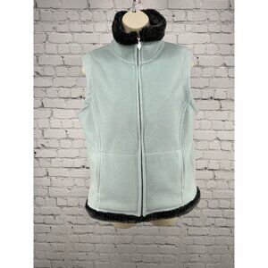 SDI Blue Faux Fur Trim Full Zip Sleeveless Vest Zip Pockets Women’s L